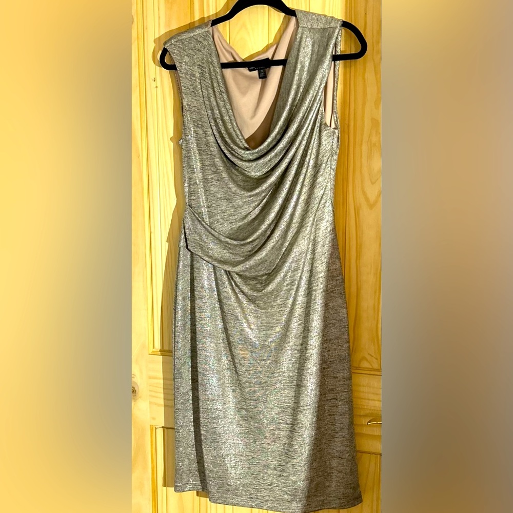 Slinky silver dress with rouching on the side size 12 sexy cocktail dress date